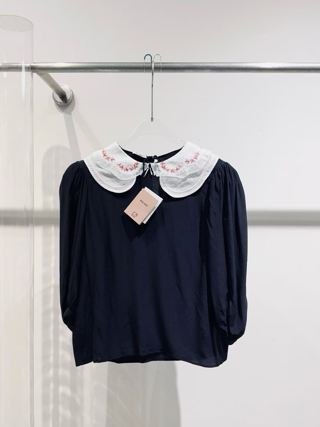 Steal Miu Miu Navy Blouse With White Embroidered Peter Pan Collar